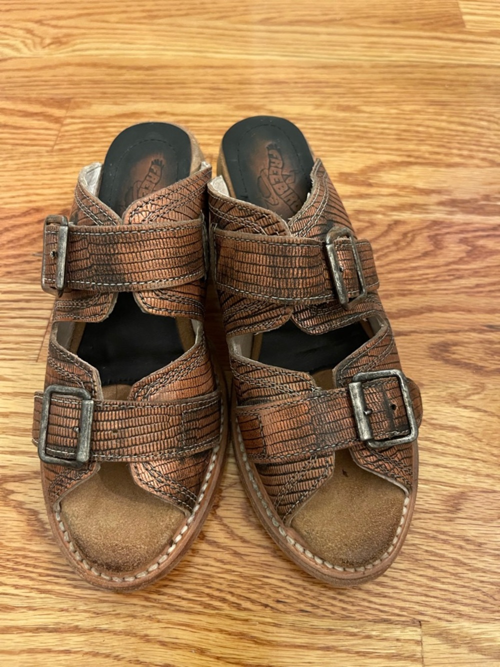 Freebird by Steven Caprice Copper Brown Textured Double-Buckle Leather Sandals